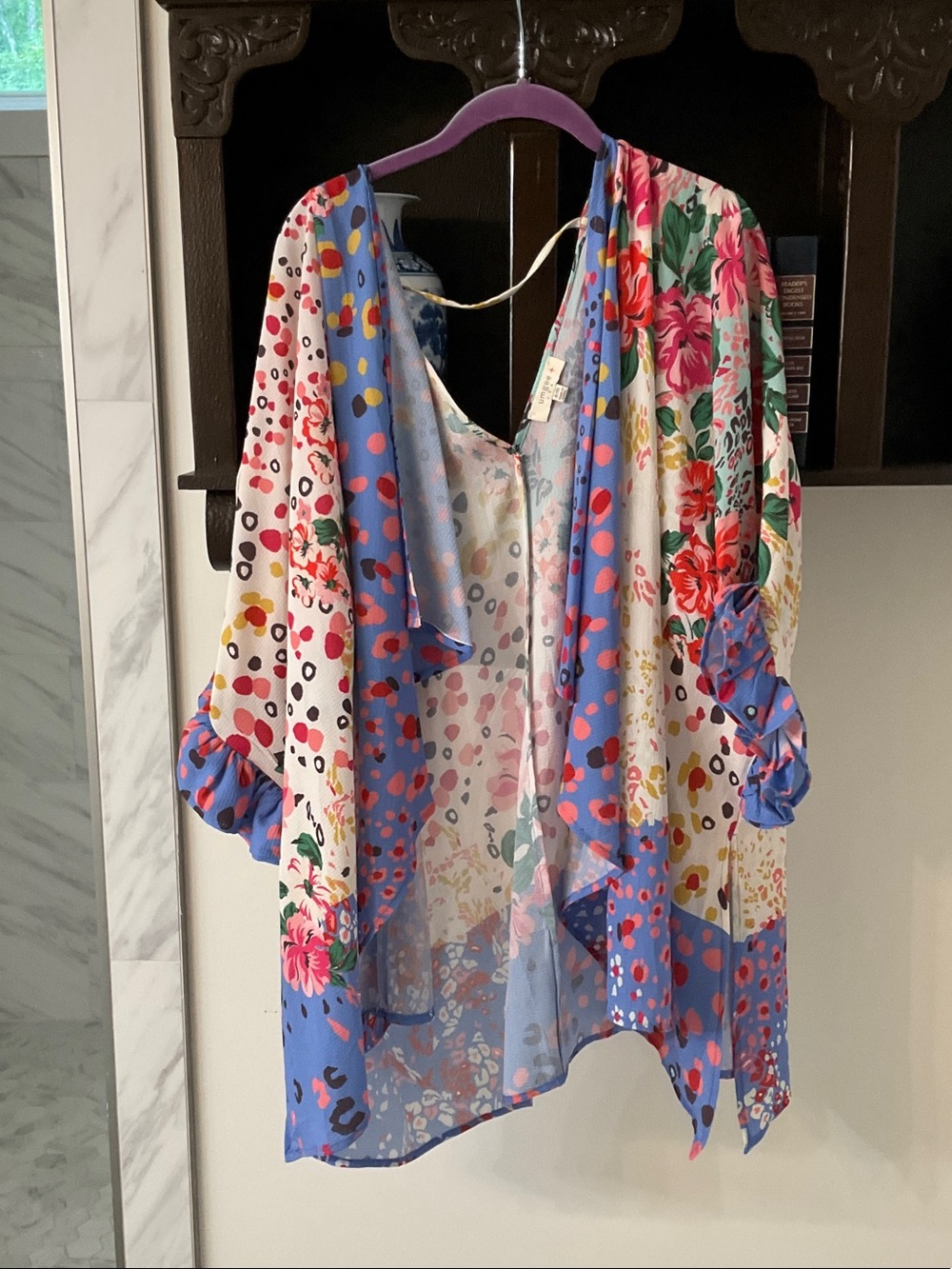 Umgee Multicolor Floral & Dot Sheer Tunic - Blue, Pink, Red, Green, White